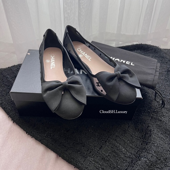 Auth Chanel Black Mesh CC Logo Bow Ballerina Flats - Size 37.5 - Picture 1 of 9